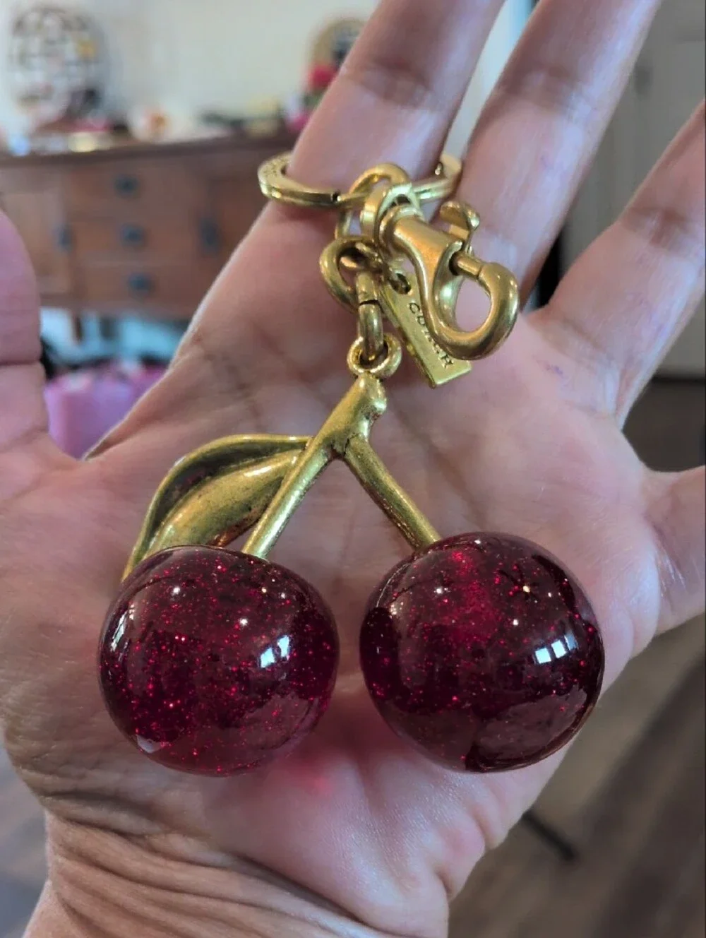 Coach Gold-Tone Keychain with Pink Glitter Cherry Charms